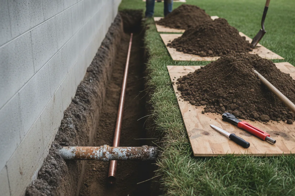 Excavated water line trench during Water Softener Installation in East China